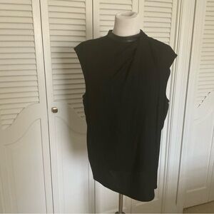 Helmut Lang black sleeveless top with draping and leather  trim in size L .